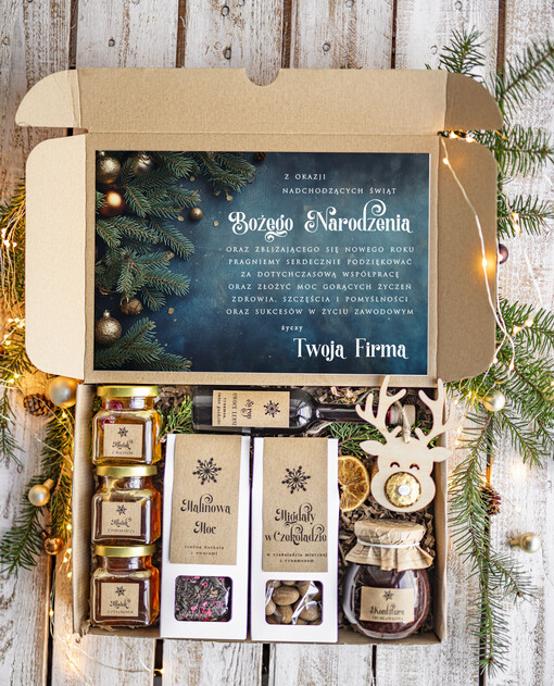  kawa  herbata miód Prezenty na Boże Narodzenie dla klientów, bożonarodzeniowy prezent biznesowy dla firm herbata i miód, paczki na święta dla pracowników, upominek biznesowy box swiąteczny zestaw z logo 