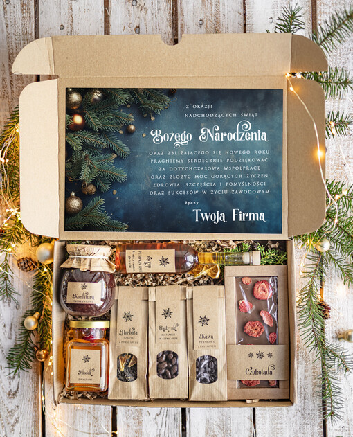  kawa  herbata miód Prezenty na Boże Narodzenie dla klientów, bożonarodzeniowy prezent biznesowy dla firm herbata i miód, paczki na święta dla pracowników, upominek biznesowy box swiąteczny zestaw z logo 