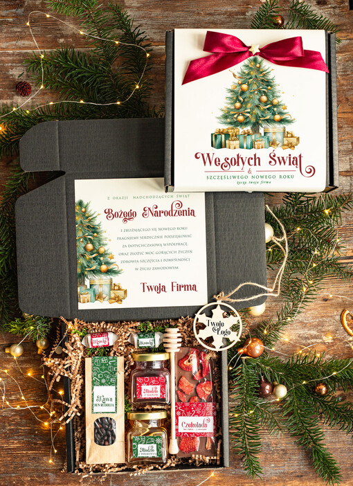  kawa  herbata miód Prezenty świąteczne dla klientów biznesowych, eleganckie prezenty bożonarodzeniowe z miodami od firm z logo, prezent świąteczny dla pracowników, firmowe zestawy świąteczne