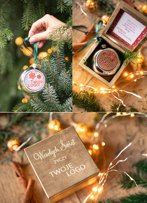  drobne prezenty dla firm Prezent Biznesowy Na Święta z Logo Ekskluzywna Bombka z logo na choinkę z Logo Firmy , życzenia zapakowane w  drewniane pudełko 