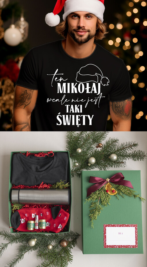  kubki termosy koszulki Kreatywny pomysl na prezent dla niego pod choinkę koszulka Tshirt z napisem świątecznym, prezent na święta dla meżczyzny koszulka i termos, kreatywny prezent dla chłopaka śmieszna koszulka w boxie 