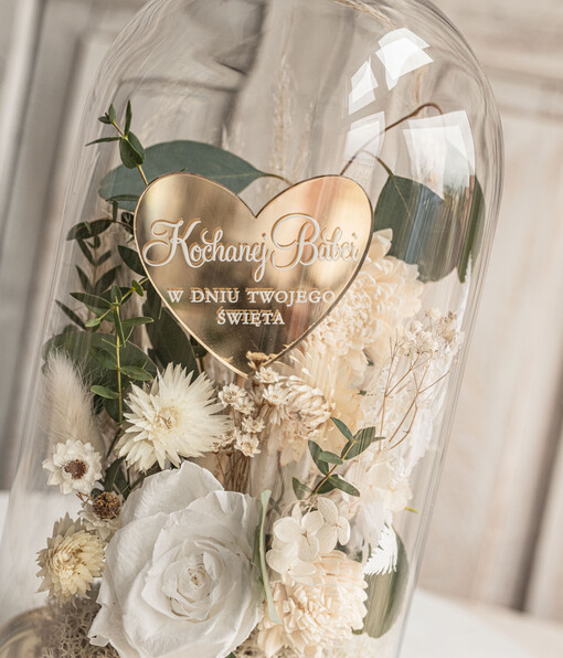  Prezenty dla Babci Upominek dla Dziadków flowerbox , prezent dla babci zielono biały naturalny flowerbox szklana kopuła z kwiatami, suszone kwiaty w szkle, wieczna róza biała 