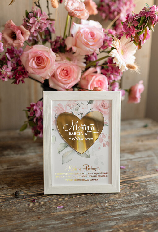  Prezenty dla Babci Drewniana Ramka z Dedykacją na Dzień Babci, Ramka Złote Serce Dla Babci 