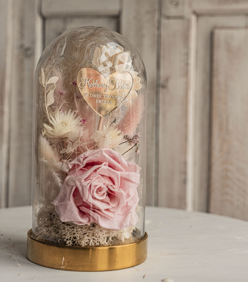  Prezenty dla Babci Prezent dla Babci flowerbox, podziekowanie dla babci różowo biały naturalny flowerbox szklana kopuła z kwiatami, suszone kwiaty w szkle, różowa wieczna róza, kwiaty w szkle 