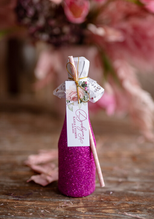  brokatowe butelki prezenciki podziękowania dla gości weselnych bezalkoholowy brokatowy szampan 