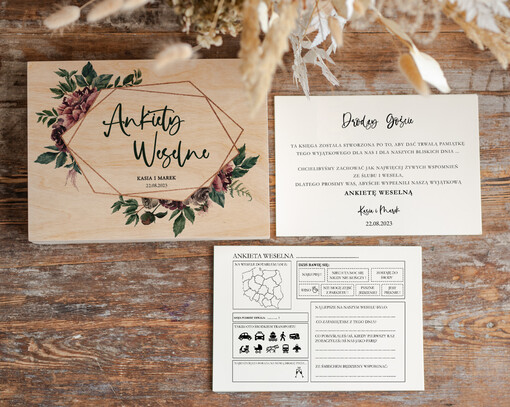 ankiety w pudełkach  ankieta weselna dla gości pamiątka ze ślubu, ankieta weselna zamknięta w drewnianym pudełku, pamiątka ze ślubu ankiety weselne, porady dla Pary Młodej od Gości
