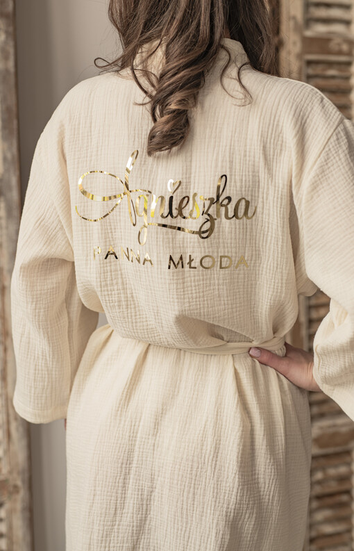  Szlafrok Ślubny dla Panny Młodej muślinowy szlafrok dla Panny Młodej, przewiewny szlafrok bawełna 100 %, szlafrok dla Panny Młodej na sesję zdjęciową, muślin w kolorze ecru