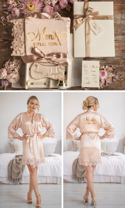  podziękowania dla świadkowej Ślubne podziękowanie za świadkowanie pomysł na prezent dla świadkowej lub druhny elegancki beżowy szlafrok z koronką 