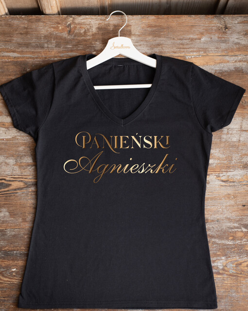  Koszulka T-Shirt z Napisem  Presonalizowana Koszulka z Napisem na Wieczór Panieński T-shirt Złoty Napis Panieński Imię Panny Mlodej