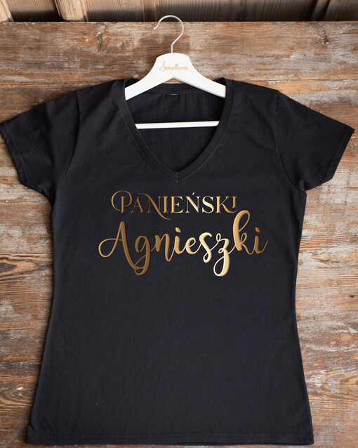  Koszulka na Wieczór panieński  Presonalizowana Koszulka z Napisem na Wieczór Panieński T-shirt Złoty Napis Panieński Imię Panny Mlodej