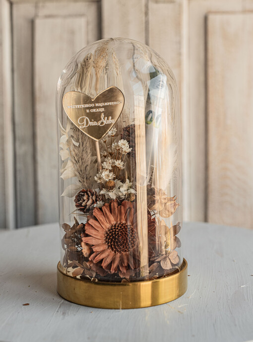  flowerbox, kartki z życzeniami, pudełka na prezenty prezenty z okazji ślubu dla Pary Młodej, kwiaty w szklanej kopule, kompozycja kwiatowa w szklanej kopule, fiolka na pieniądze dla młodej pary, suszone kwiaty w szkle
