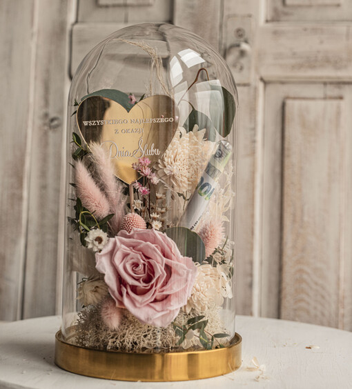  flowerbox, kartki z życzeniami, pudełka na prezenty prezenty z okazji ślubu dla Pary Młodej, w co zapakować pieniądze dla pary młodej, kompozycja kwiatowa w szklanej kopule, fiolka na pieniądze dla młodej pary, różowo zielony flowerbox