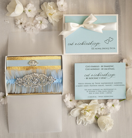  podwiązki ślubne  Prezent dla Panny Młodej od Świadkowej, zestaw prezentowy na panieński zyczenia, cos niebieskiego podwiązka ślubna z krysztalami