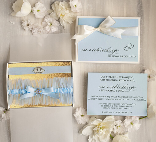  podwiązki ślubne  Prezent dla Panny Młodej od Świadkowej z niezapominajka, zestaw prezentowy na panieński, cos niebieskiego podwiązka ślubna