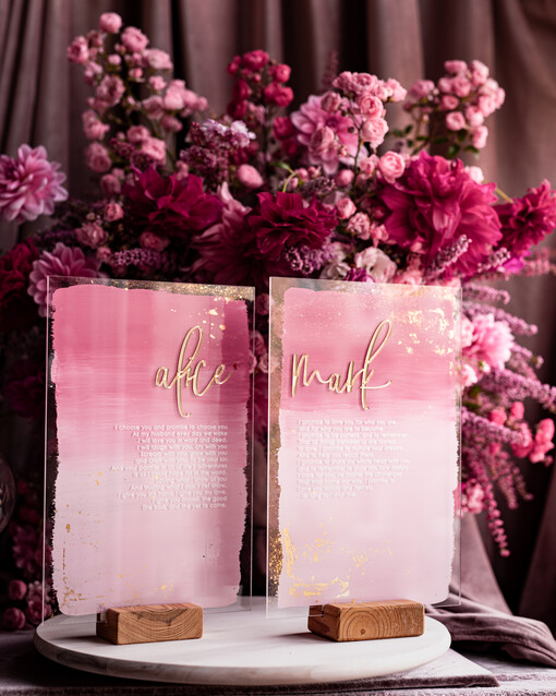  Przysięga Małżeńska   akrylowe tabliczki z przysięgą małżeńską, malowane farbą w odcieniach różu, przysięga małżeńska na pamiątkę dla Pary Młodej, 