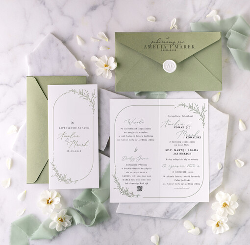 Zaproszenia ślubne Proste i Nowoczesne  szałwiowe zaproszenia ślubne, minimalistyczne zaproszenia na ślub i wesele, podłużne zaproszeń ślubnych