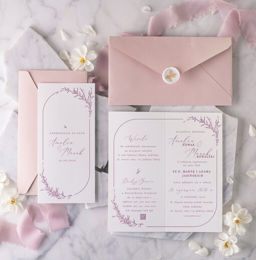 Zaproszenia ślubne Proste i Nowoczesne  różowe zaproszenia ślubne, blady róż zaproszenia na ślub i wesele,  podłużne zaproszenia 