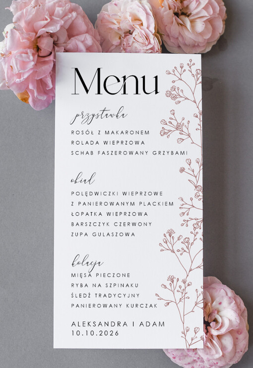  Nowoczesne prosta forma  kwiatowe menu na stoły weselne, karta dań na wesele, proste menu weselne w kolorze ecru, karta dań weselnych, menu weselne, plan podawania posiłków na weselu
