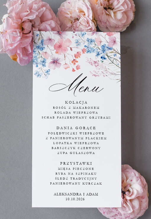  Nowoczesne prosta forma  kwiatowe menu na stoły weselne, karta dań na wesele, proste menu weselne w kolorze ecru, karta dań weselnych, menu weselne, plan podawania posiłków na weselu