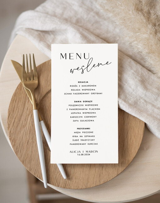  Nowoczesne prosta forma  karta dań weselnych menu weselne plan podawania posiłków, menu dopasowane do zaproszeń 