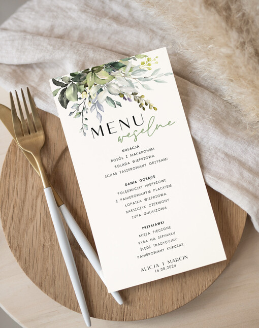  Nowoczesne prosta forma  karta dań weselnych menu weselne plan podawania posiłków, menu dopasowane do zaproszeń 