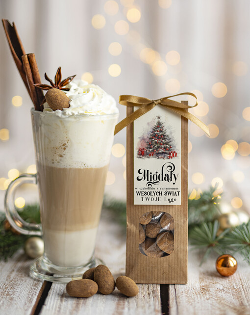  CHRUPKIE DODATKI Migdały w belgijskiej mlecznej czekoladzie z cynamonem drobne prezenty biznesowe dla firm, drobne słodycze upominki na święta dla pracowników, prezent bożonarodzeniowy dla pracowników i kontrahentów, drobne prezenty firmowe