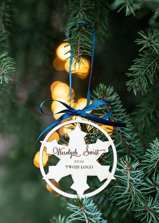  DREWNIANE ZAWIESZKI Prezent Biznesowy Na Święta z Logo drewniana Bombka z logo na choinkę Zawieszka z Logo Firmy  snieżynka z Logo
