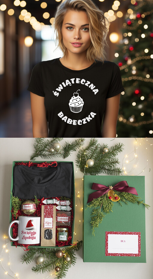  Zestawy z Koszulką  Prezent dla Niej Świąteczna Koszulka z napisem, pomysl na prezent dla mamy pod choinkę zestaw z koszulką , prezent na święta dla dziewczyny Koszulka T Shirt Damski w  Zestawie Prezentowy dla żony