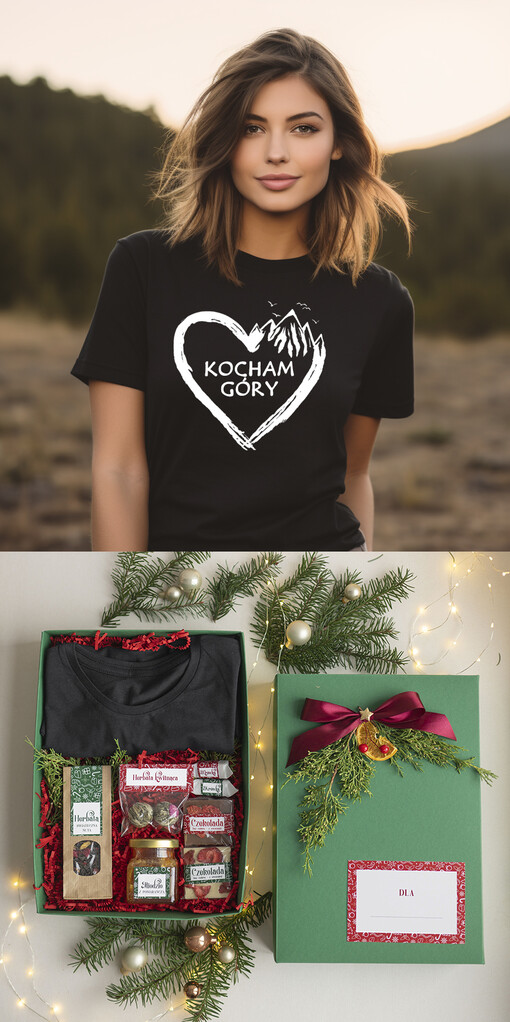  Zestawy z Koszulką  Prezent dla Miłośniczki Gór Koszulka Tshirt Kocham Góry, pomysl na prezent dla niej pod choinkę zestaw z koszulką , prezent na święta dla dziewczyny Koszulka T Shirt Damski w  Zestawie Prezentowy dla żony miłośniczki gór