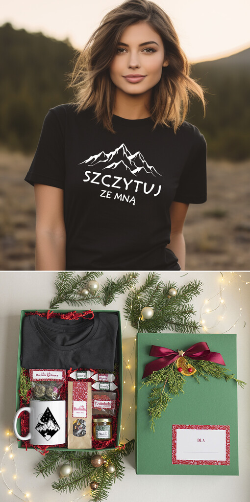  Zestawy z Koszulką  Prezent dla Miłośniczki Gór, pomysl na prezent dla niej pod choinkę, prezent na święta dla dziewczyny, kreatywny prezent dla córki  Zestaw Prezentowy dla dziewczyny - żony miłośniczki gór