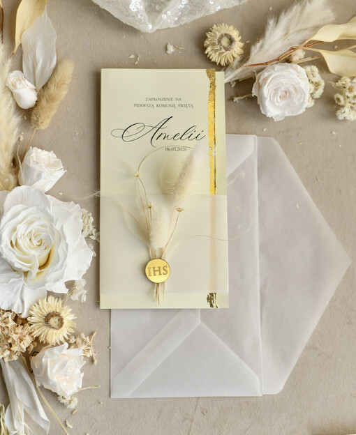  dziewczynka  Podłużne różowe złocone zaproszenia na Komunię nowoczesne  Zaproszenia komunijne personalizowane