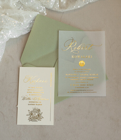 Zaproszenia na Komunię  chłopiec szałwiowe złocone zaproszenia na Komunię  Kalkowe Zaproszenia komunijne personalizowane