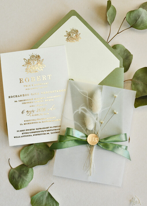  chłopiec szałwiowe złocone zaproszenia na Komunię nowoczesne  Kalkowe Zaproszenia komunijne personalizowane