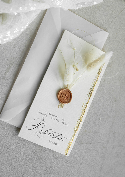 Zaproszenia na Komunię  chłopiec  złocone zaproszenia na Komunię  Kalkowe Zaproszenie komunijne personalizowane