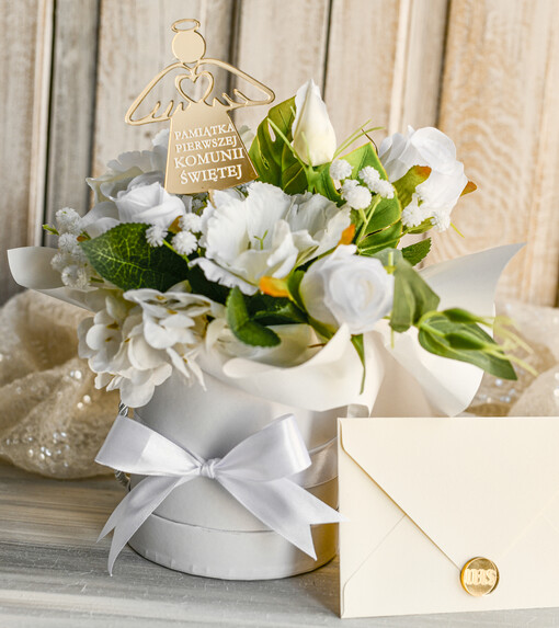 Pamiątki Prezenty na komunię  boxy prezentowe Zestaw Prezentowy od Chrzestnych na Pierwszą komunię, Flowerbox Komunijny opakowanie na pieniądze
