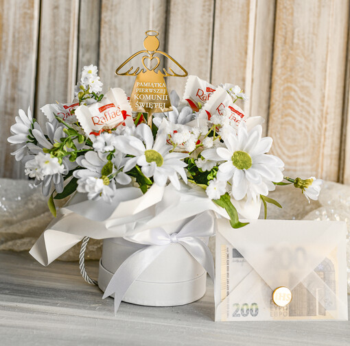 Pamiątki Prezenty na komunię  boxy prezentowe Zestaw Prezentowy od Chrzestnych na Pierwszą komunię, Flowerbox Komunijny opakowanie na pieniądze