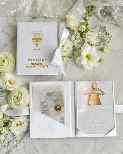 Pamiątki Prezenty na komunię  pamiątki na komunie  Statuetka pamiątka Pierwszej Komunii w pudełku, personalizowana Pamiątka Komunijna opakowanie na pieniądze