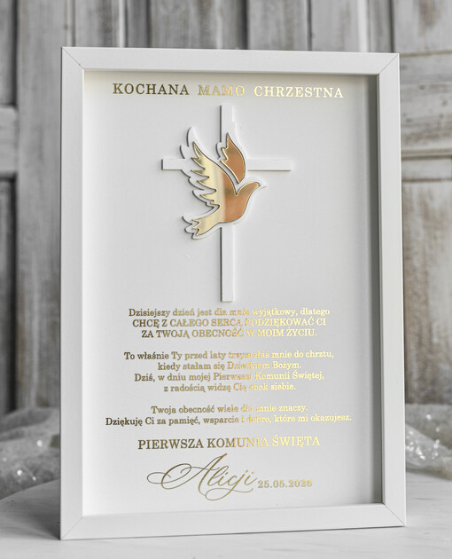 Pamiątki Prezenty na komunię  podziękowania dla najbliższych  podziękowanie dla Matki Chrzestnej na Komunię, Komunijne podziękowania dla Matki i Ojca Chrzestnego w białej ramie 