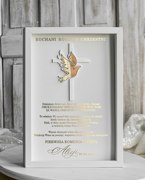 Pamiątki Prezenty na komunię  podziękowania dla najbliższych  podziękowanie dla rodziców Chrzestnych na Komunię, Komunijne podziękowania dla Matki i Ojca Chrzestnego w białej ramie 