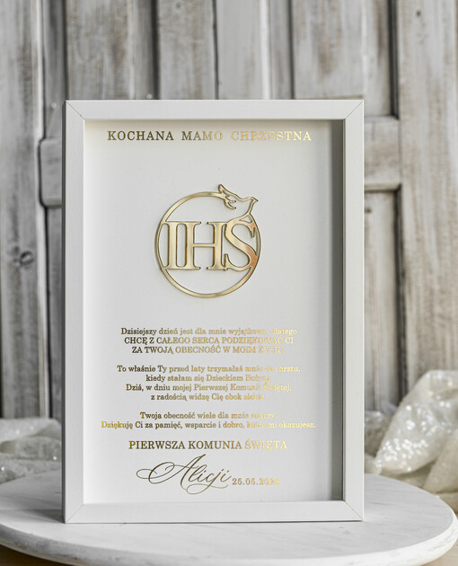 Pamiątki Prezenty na komunię  podziękowania dla najbliższych  podziękowanie dla Matki Chrzestnej na Komunię, Komunijne podziękowania dla Matki i Ojca Chrzestnego w białej ramie 