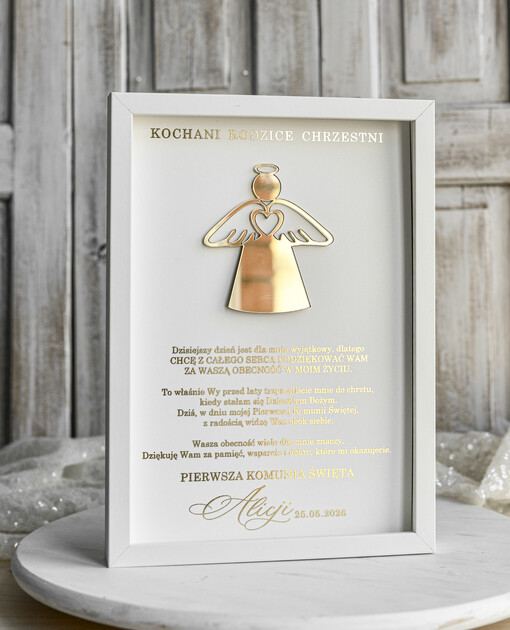 Pamiątki Prezenty na komunię  podziękowania dla najbliższych  podziękowanie dla rodziców Chrzestnych na Komunię, Komunijne podziękowania dla Matki i Ojca Chrzestnego w białej ramie 