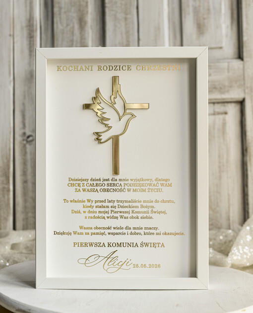 Pamiątki Prezenty na komunię  podziękowania dla najbliższych  podziękowanie dla rodziców Chrzestnych na Komunię, Komunijne podziękowania dla Matki i Ojca Chrzestnego w białej ramie 