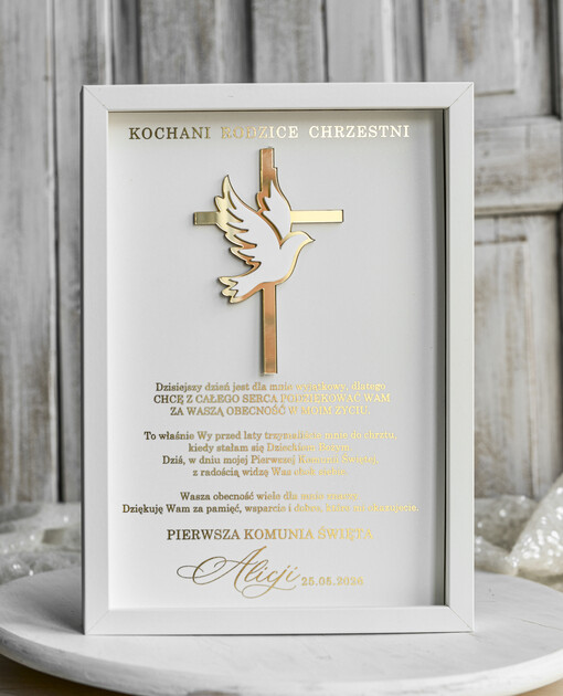 Pamiątki Prezenty na komunię  podziękowania dla najbliższych  podziękowanie dla rodziców Chrzestnych na Komunię, Komunijne podziękowania dla Matki i Ojca Chrzestnego w białej ramie 