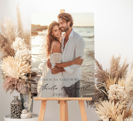  ze zdjęciem Pary Młodej Witamy gości weselnych napis powitanie gości na weselu, tablica powitalna dla gości weselnych, personalizowana tablica powitanie gości na weselu