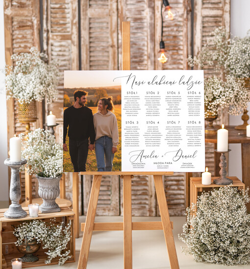  ze zdjęciem Pary Młodej plan stołów weselnych usadzenie gości na weselu, tablica informacyjna dla gości weselnych, plan stołów na weselu ze zdjęciem Pary Młodej, plan usadzenia gości weselnych