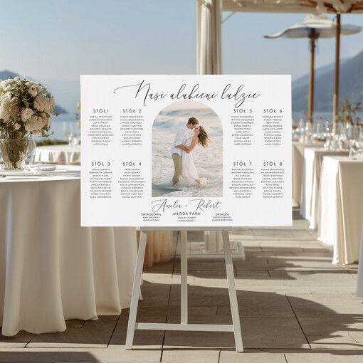  ze zdjęciem Pary Młodej plan stołów weselnych usadzenie gości na weselu, tablica informacyjna dla gości weselnych, plan stołów na weselu ze zdjęciem Pary Młodej, plan usadzenia gości weselnych