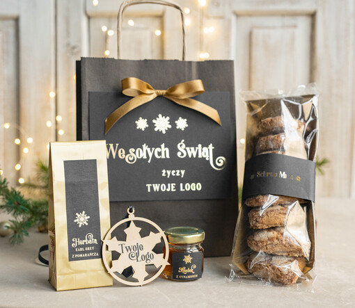  mini zestawy  upominki świąteczne dla klientów z logo firmy Małe boxy prezentowe zestawy z kawą i herbatą miody 