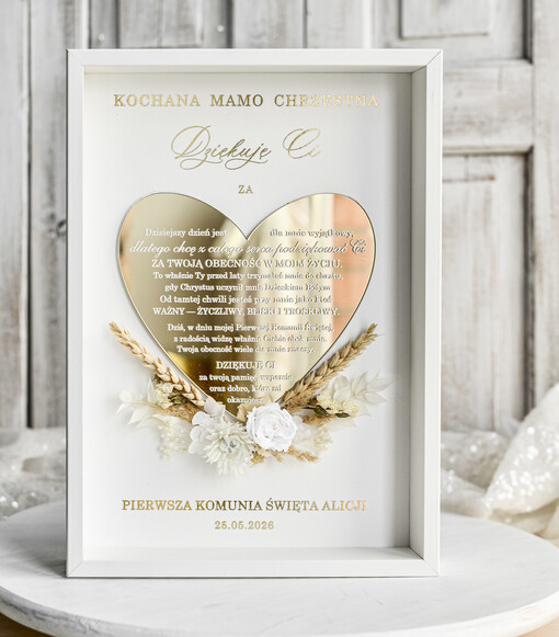  Podziękowania w Ramie Komunijne podziękowanie dla Matki i Ojca Chrzestnego Rama i kwiaty , Flowerbox Serce podziękowania dla chrzestnych na Komunię
