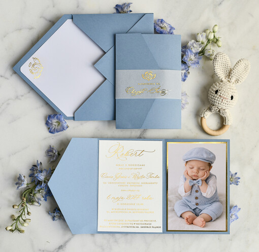 ZAPROSZENIA NA CHRZCINY dla chłopca Boho Złocone Zaproszenie na Chrzest w folderze, Eleganckie Zaproszenia na Chrzciny ze Zdjęciem 