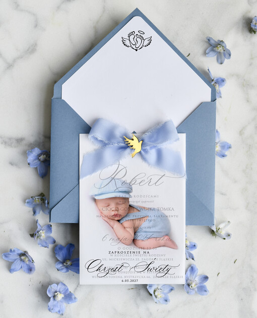 ZAPROSZENIA NA CHRZCINY dla chłopca klasyczne Zaproszenie na Chrzest z kalką, Eleganckie Zaproszenia na Chrzciny ze Zdjęciem 